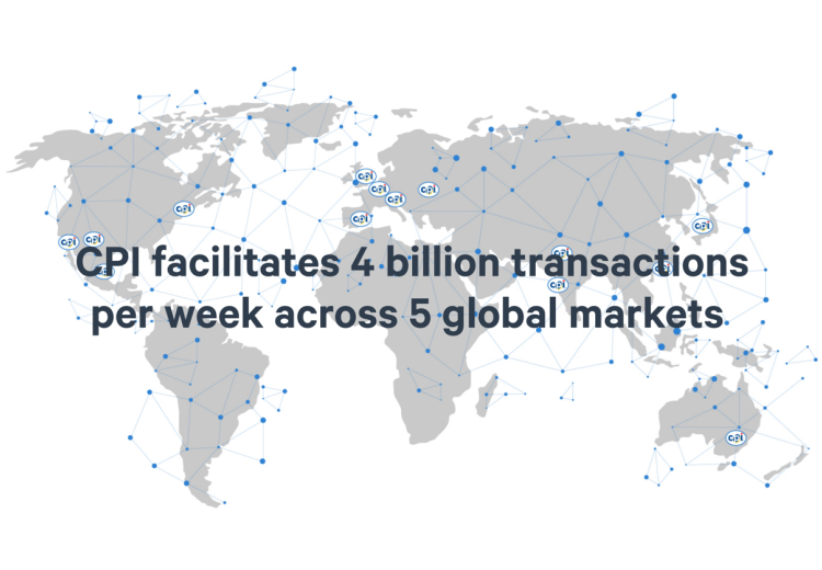 Map showing CPI global reach. 4 billion transactions per week across 5 global markets