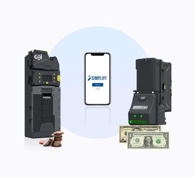 Pictures of payment technology devices and a phone screen displaying simplifi 