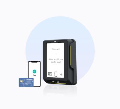 Image of Alio device, credit card and mobile phone payment screen 